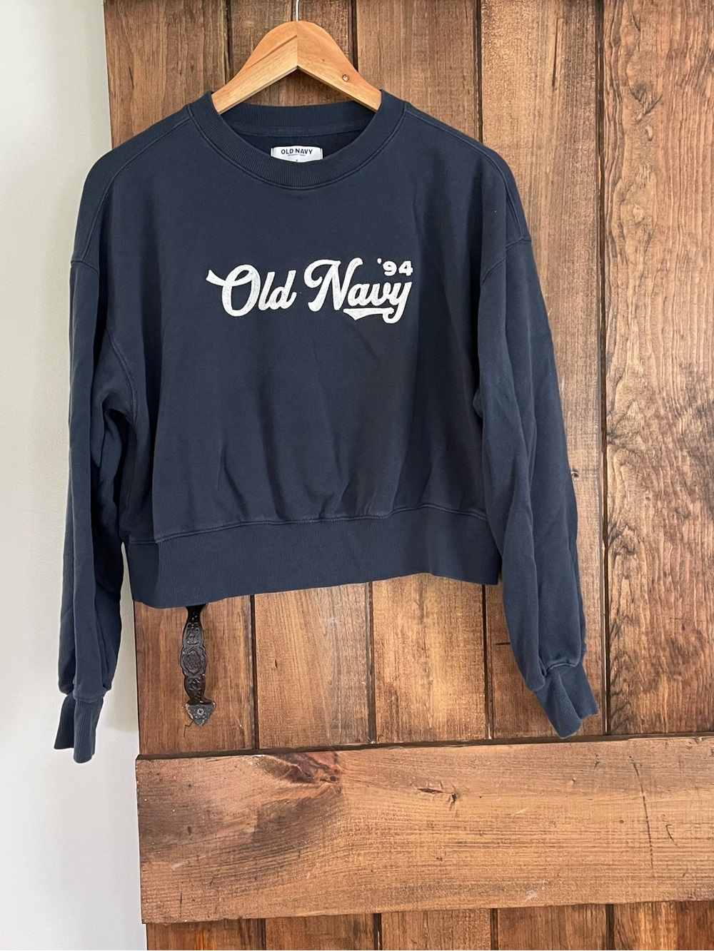 Old Navy So Comfy Terry Navy Blue Embroidered Crop Crewneck Sweatshirt